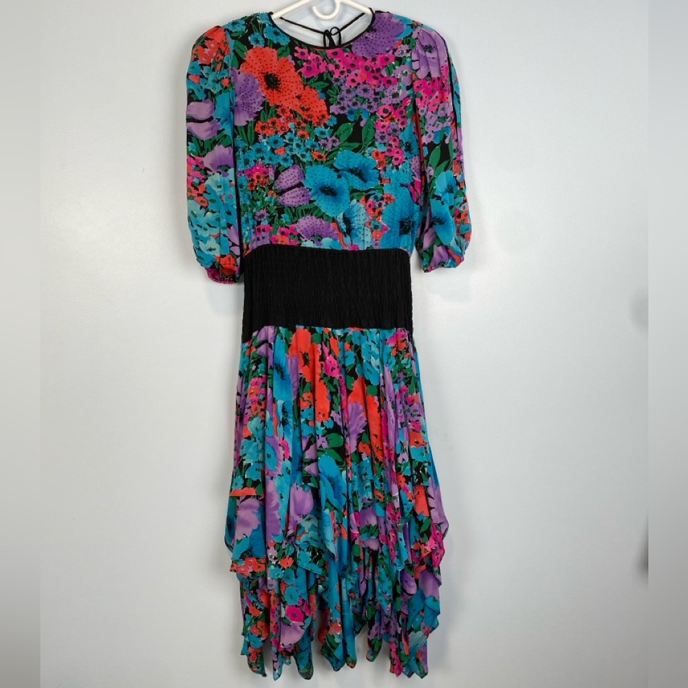 Vtg 70s 80s Designer‎ Diane Freis Silk Beaded Floral Signature Dress Sz Large L